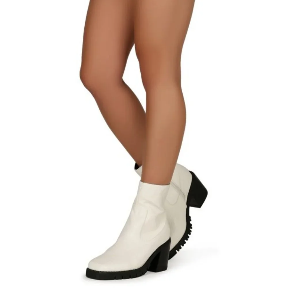 White Chunky Heel Ankle Boots